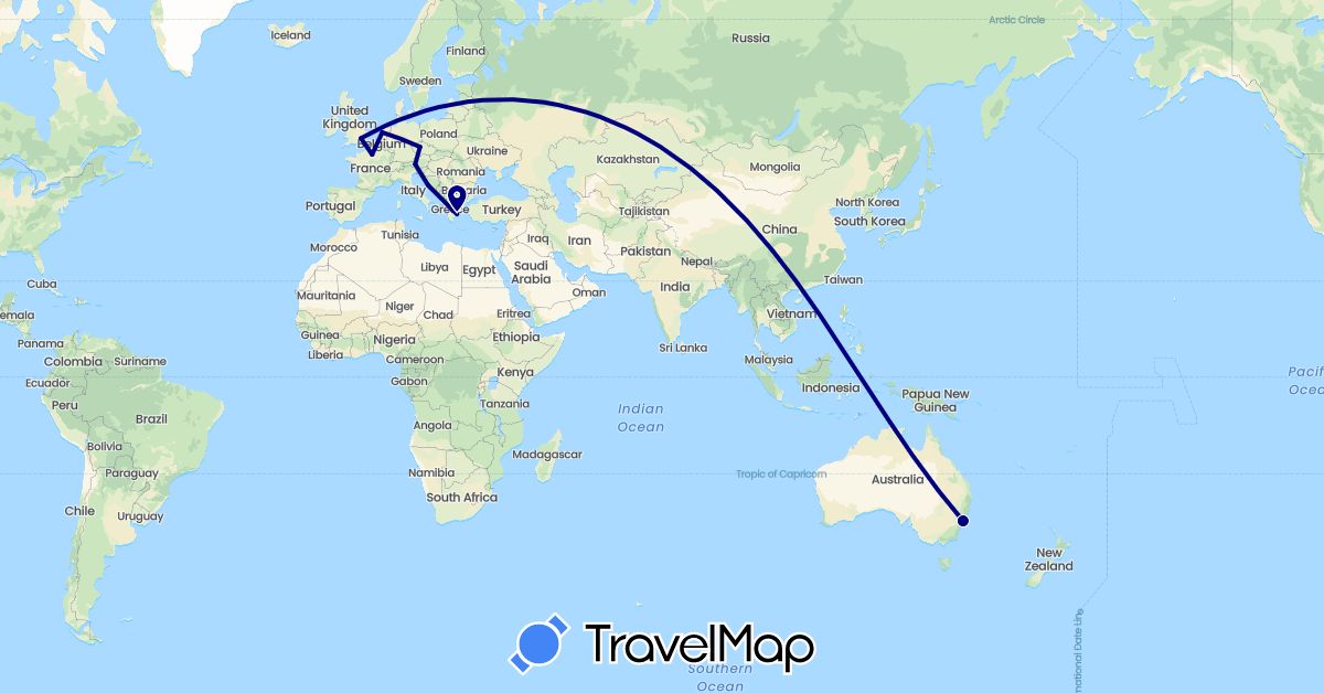 TravelMap itinerary: driving in Austria, Australia, Czech Republic, France, United Kingdom, Greece, Croatia, Netherlands (Europe, Oceania)